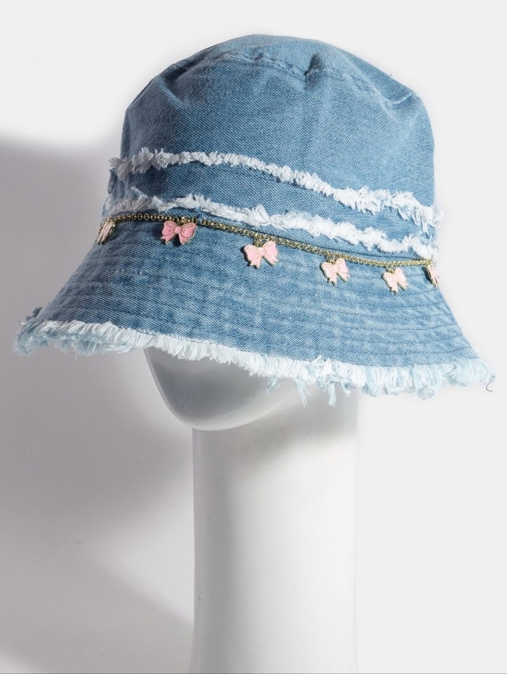 Frayed Denim Trim Ribbon Bow Charms Bucket Hat - Picture 2 of 5